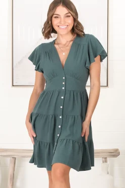Amy Mini Dress - Frill Cap Sleeve Button Down V Neck Dress in Emerald><noscript><img width=