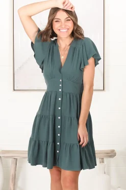 Amy Mini Dress - Frill Cap Sleeve Button Down V Neck Dress in Emerald><noscript><img width=
