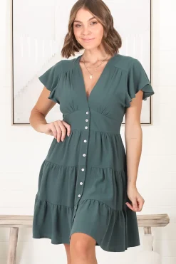 Amy Mini Dress - Frill Cap Sleeve Button Down V Neck Dress in Emerald><noscript><img width=