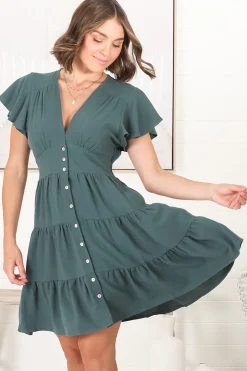 Amy Mini Dress - Frill Cap Sleeve Button Down V Neck Dress in Emerald><noscript><img width=