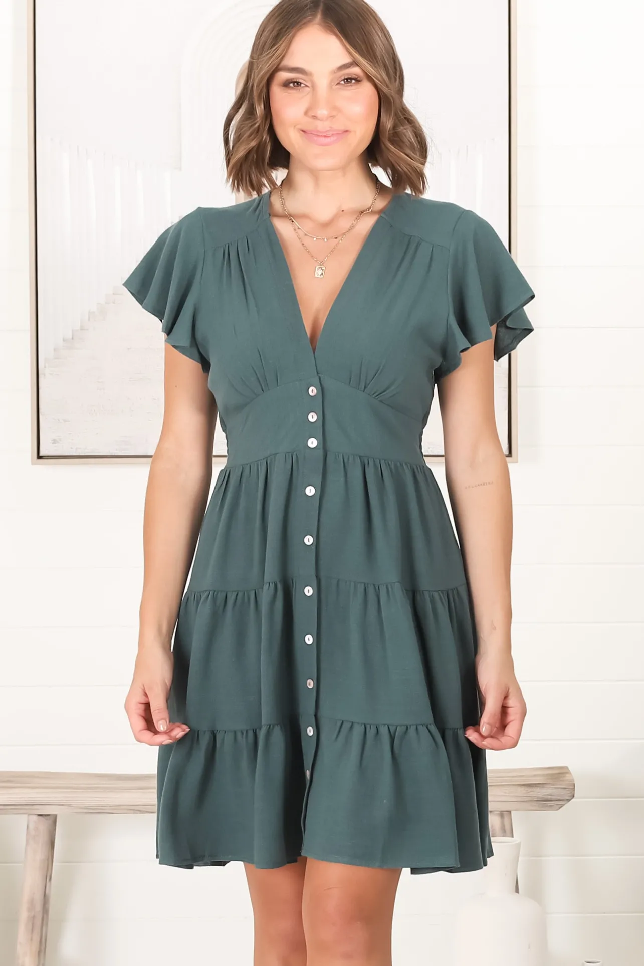 Amy Mini Dress - Frill Cap Sleeve Button Down V Neck Dress in Emerald>Salty Crush Hot