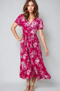 Anais Midi Dress - Cap Flutter Sleeve Button Down A Line Dress in Kimberly Print><noscript><img width=