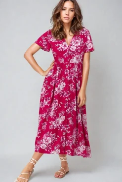 Anais Midi Dress - Cap Flutter Sleeve Button Down A Line Dress in Kimberly Print><noscript><img width=