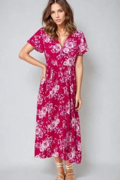Anais Midi Dress - Cap Flutter Sleeve Button Down A Line Dress in Kimberly Print><noscript><img width=