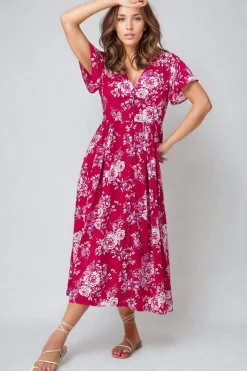 Anais Midi Dress - Cap Flutter Sleeve Button Down A Line Dress in Kimberly Print><noscript><img width=