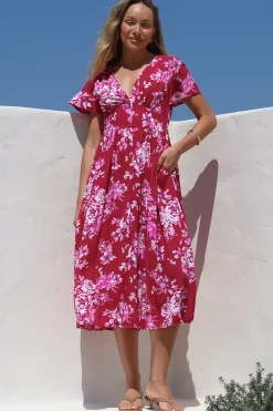 Anais Midi Dress - Cap Flutter Sleeve Button Down A Line Dress in Kimberly Print><noscript><img width=