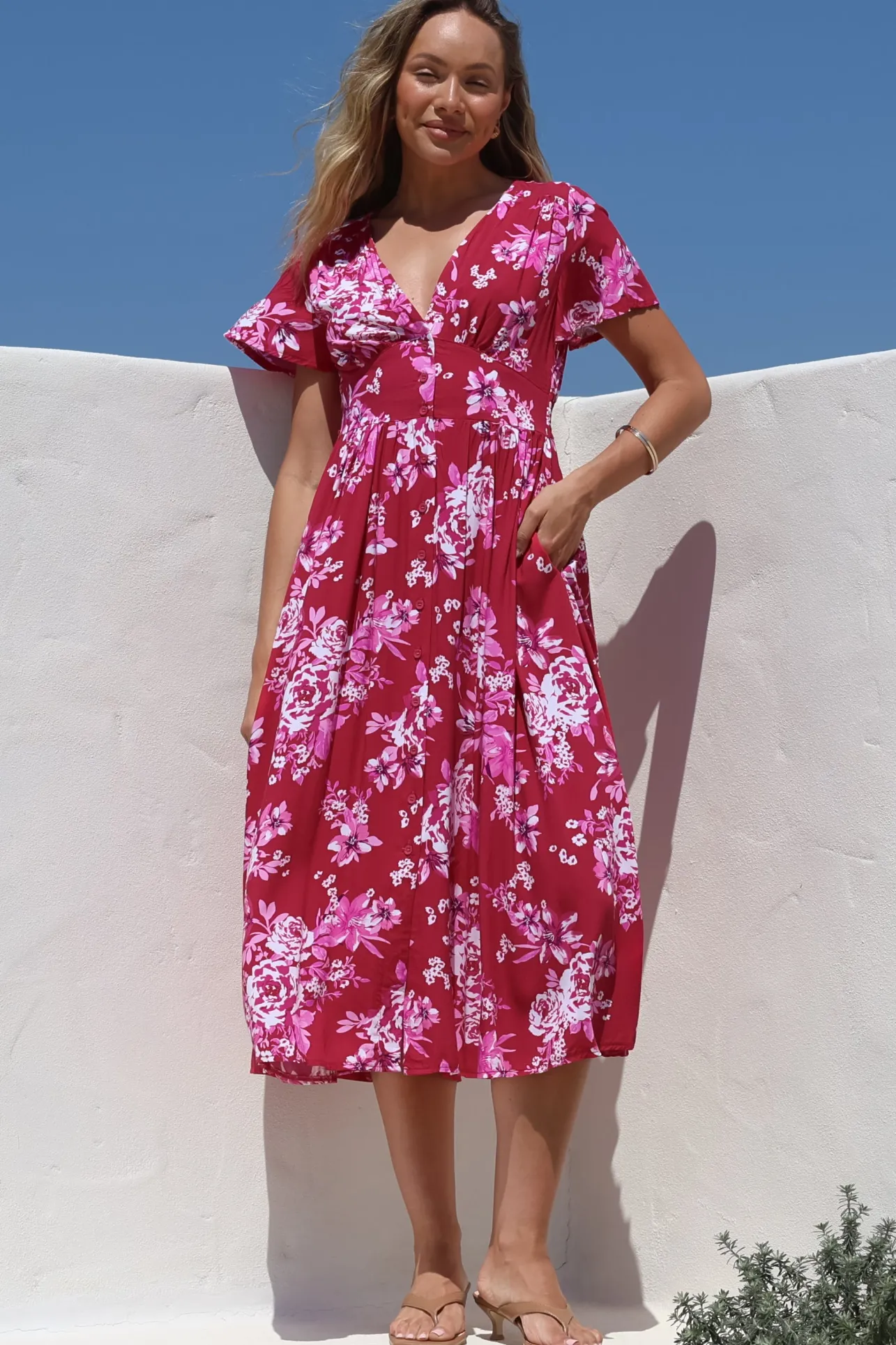 Anais Midi Dress - Cap Flutter Sleeve Button Down A Line Dress in Kimberly Print>Salty Crush Discount