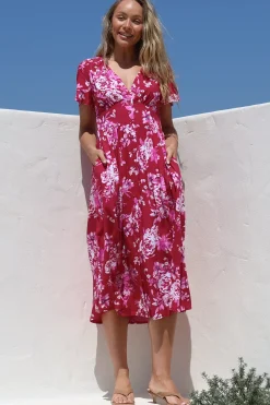 Anais Midi Dress - Cap Flutter Sleeve Button Down A Line Dress in Kimberly Print><noscript><img width=