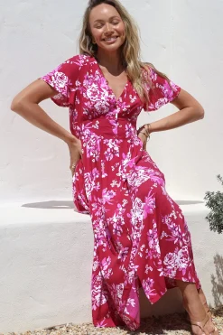 Anais Midi Dress - Cap Flutter Sleeve Button Down A Line Dress in Kimberly Print><noscript><img width=