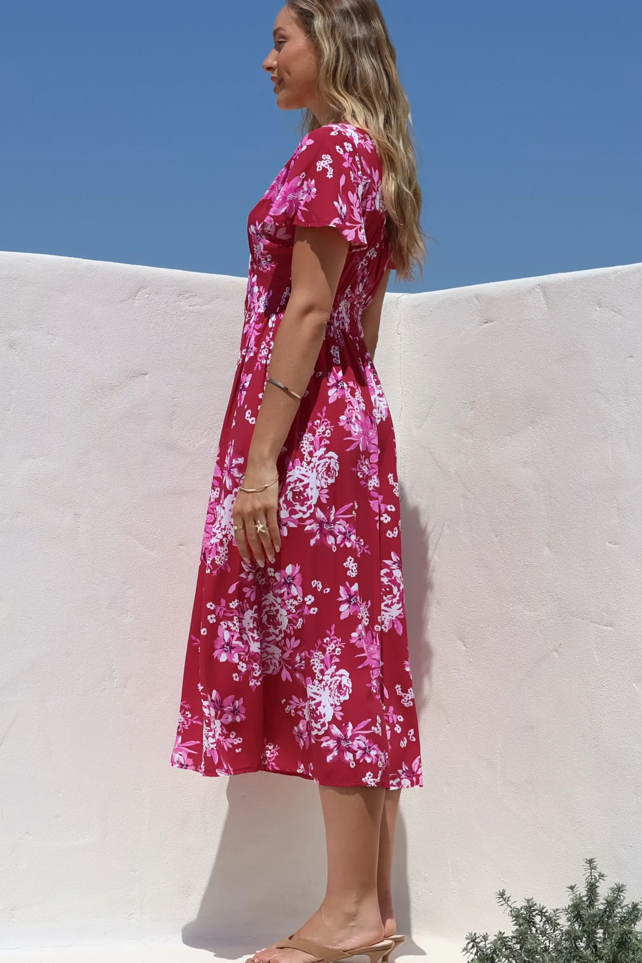 Anais Midi Dress - Cap Flutter Sleeve Button Down A Line Dress in Kimberly Print>Salty Crush Discount