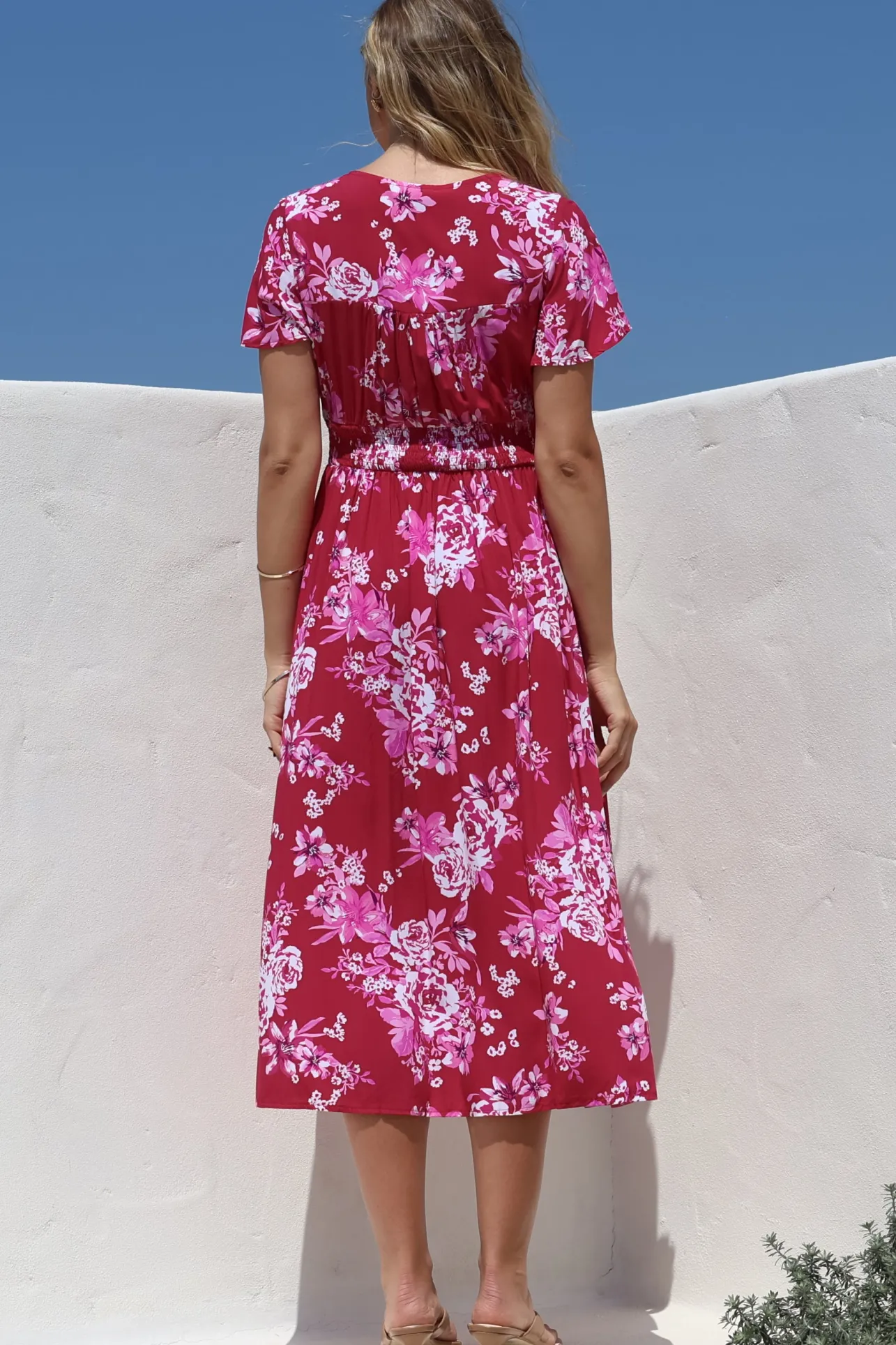 Anais Midi Dress - Cap Flutter Sleeve Button Down A Line Dress in Kimberly Print>Salty Crush Discount