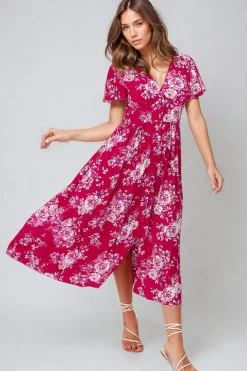 Anais Midi Dress - Cap Flutter Sleeve Button Down A Line Dress in Kimberly Print><noscript><img width=