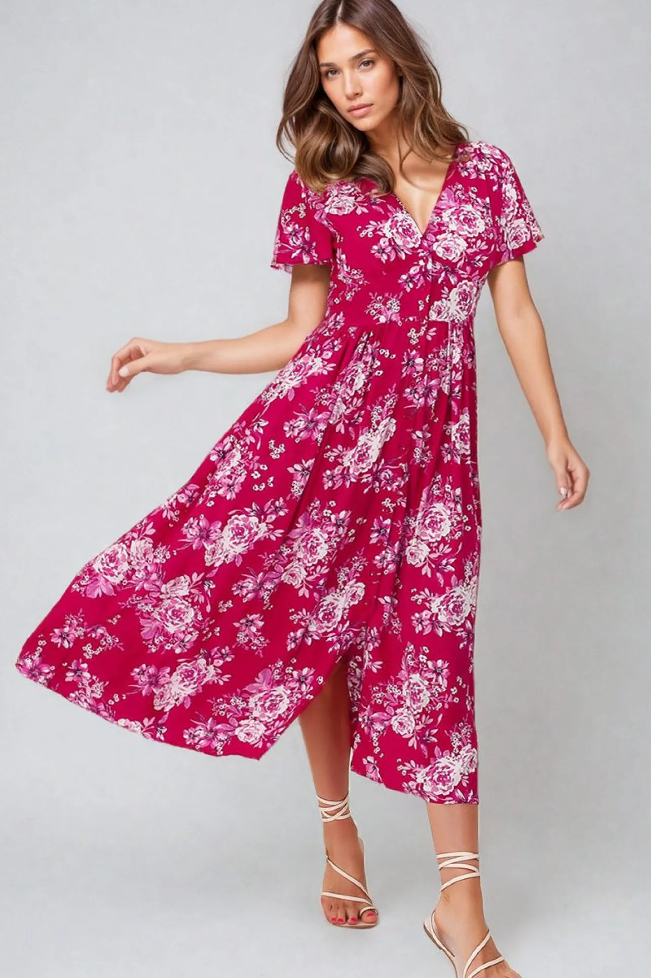 Anais Midi Dress - Cap Flutter Sleeve Button Down A Line Dress in Kimberly Print>Salty Crush Discount
