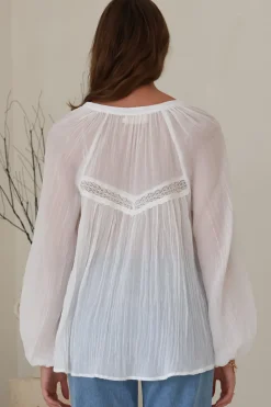Angeline Top - Buttoned Down Scoop Hem Balloon Sleeve Blouse in White><noscript><img width=