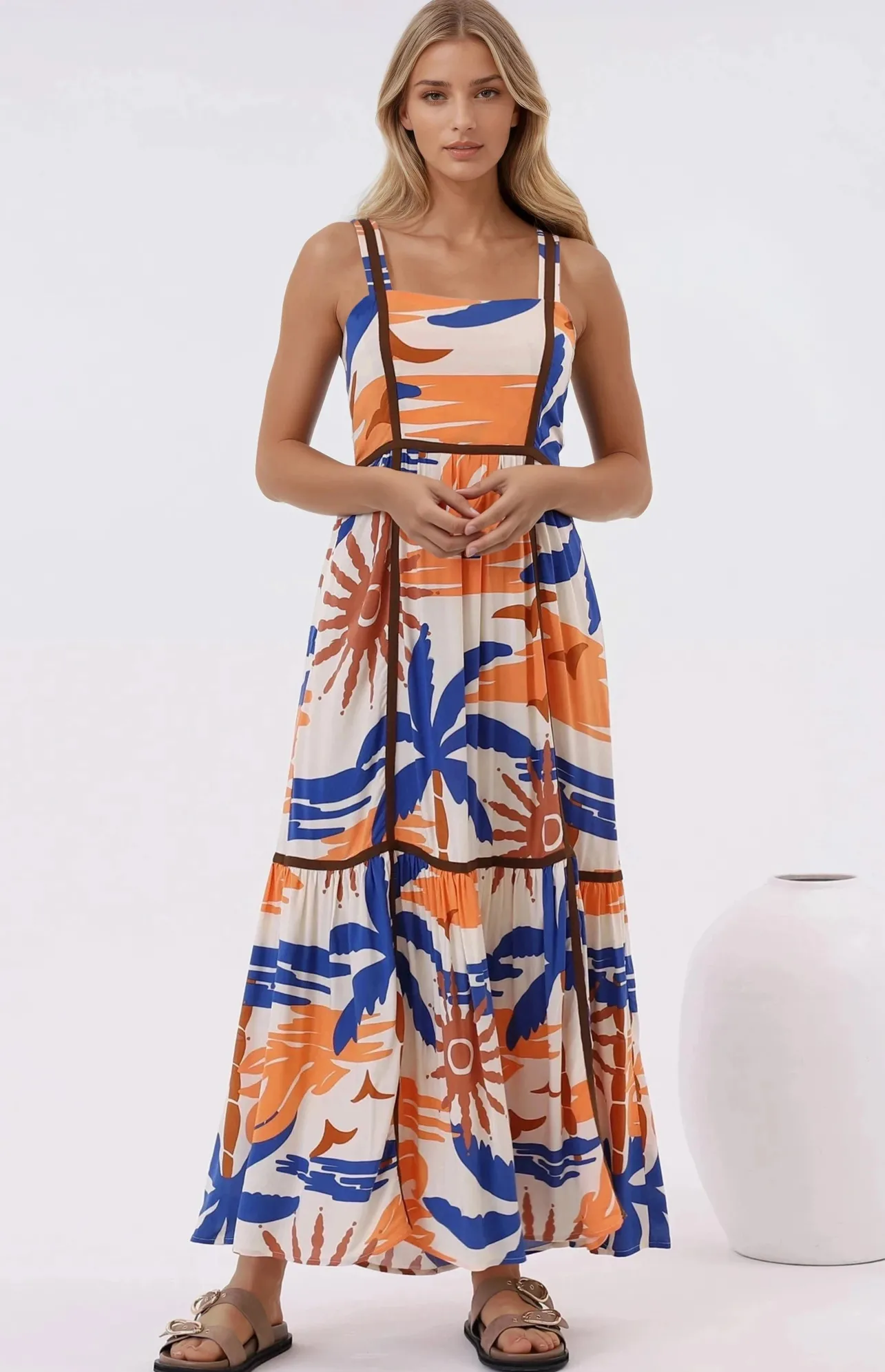 Angie Maxi Dress - Thick Strap Tiered Skirt Sun Dress in Trula Print>Salty Crush New