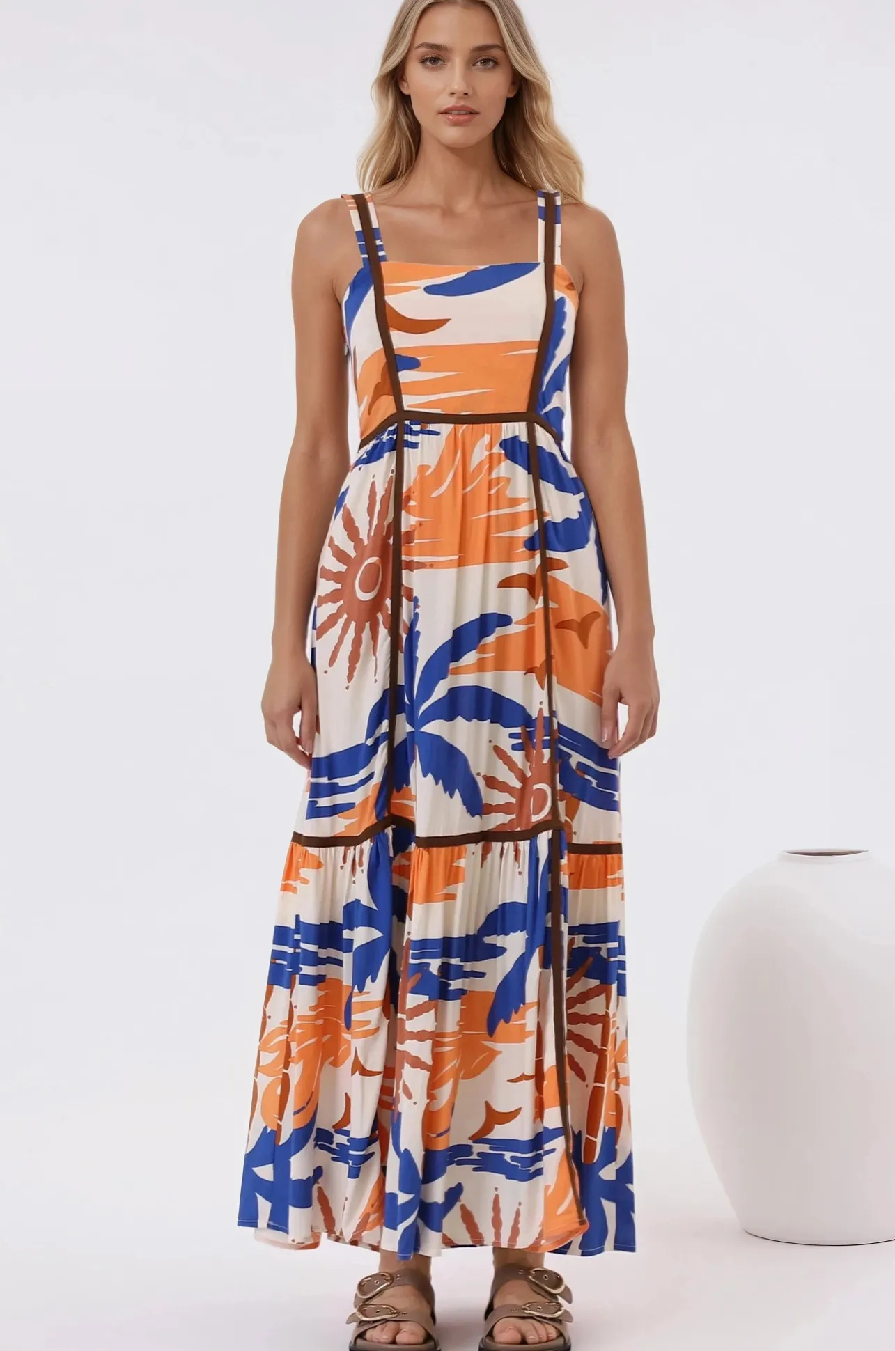 Angie Maxi Dress - Thick Strap Tiered Skirt Sun Dress in Trula Print>Salty Crush New