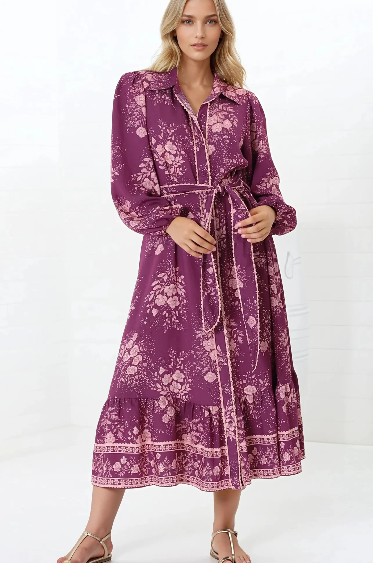 Anita Midi Dress - Button-Down Shirt Dress in Briella Print Berry>Salty Crush Sale