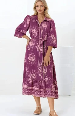 Anita Midi Dress - Button-Down Shirt Dress in Briella Print Berry><noscript><img width=