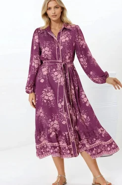 Anita Midi Dress - Button-Down Shirt Dress in Briella Print Berry><noscript><img width=