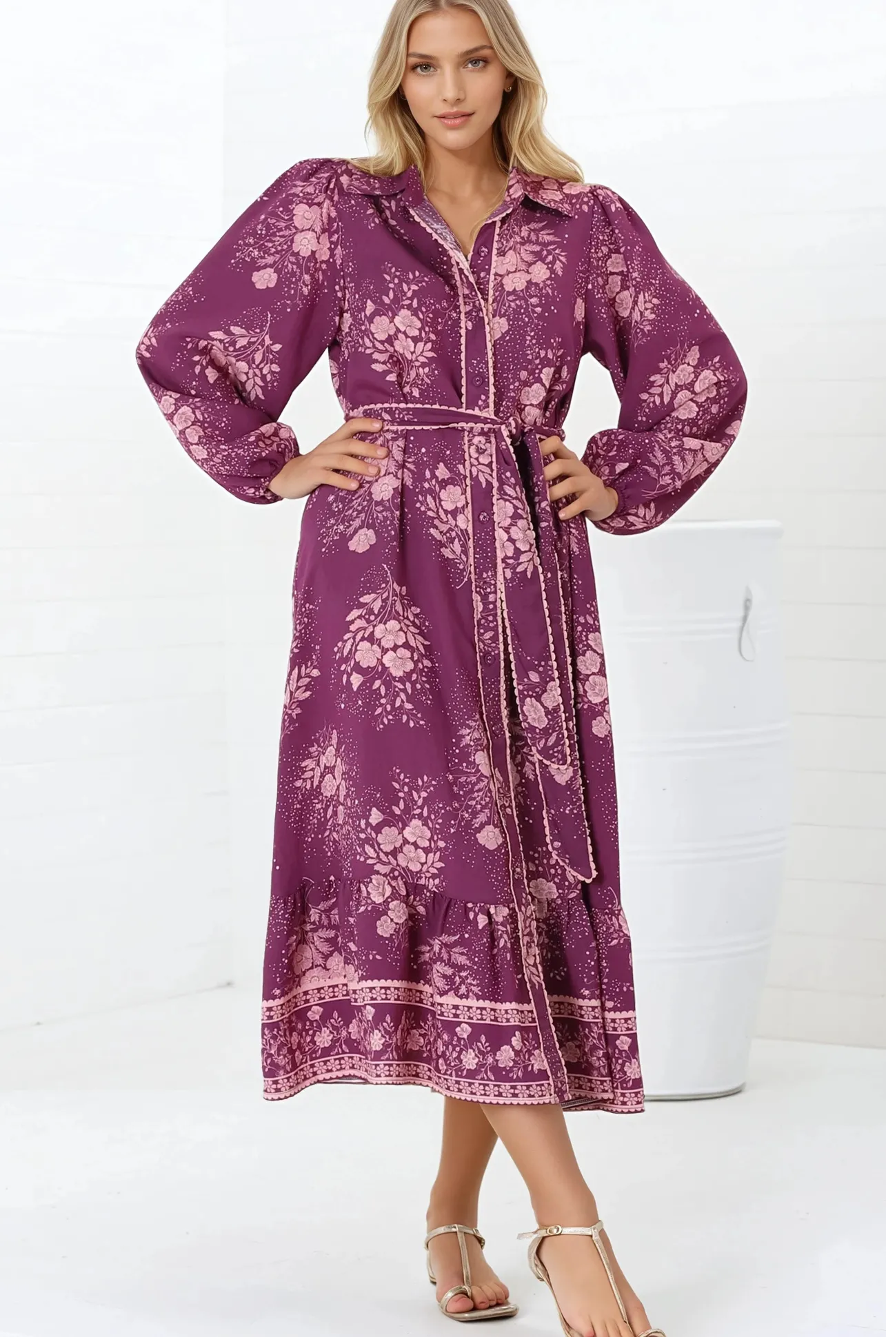 Anita Midi Dress - Button-Down Shirt Dress in Briella Print Berry>Salty Crush Sale
