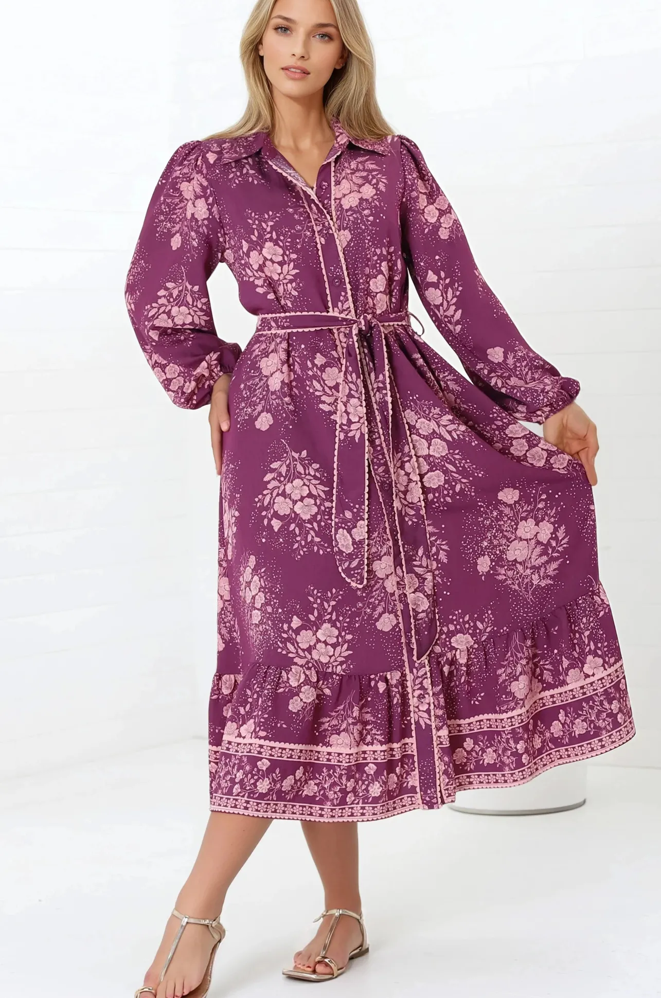 Anita Midi Dress - Button-Down Shirt Dress in Briella Print Berry>Salty Crush Sale
