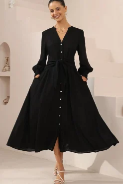 Anne Midi Dress - Mandarin Collar Waist Tie Detailed A Line Dress in Black>Salty Crush Hot