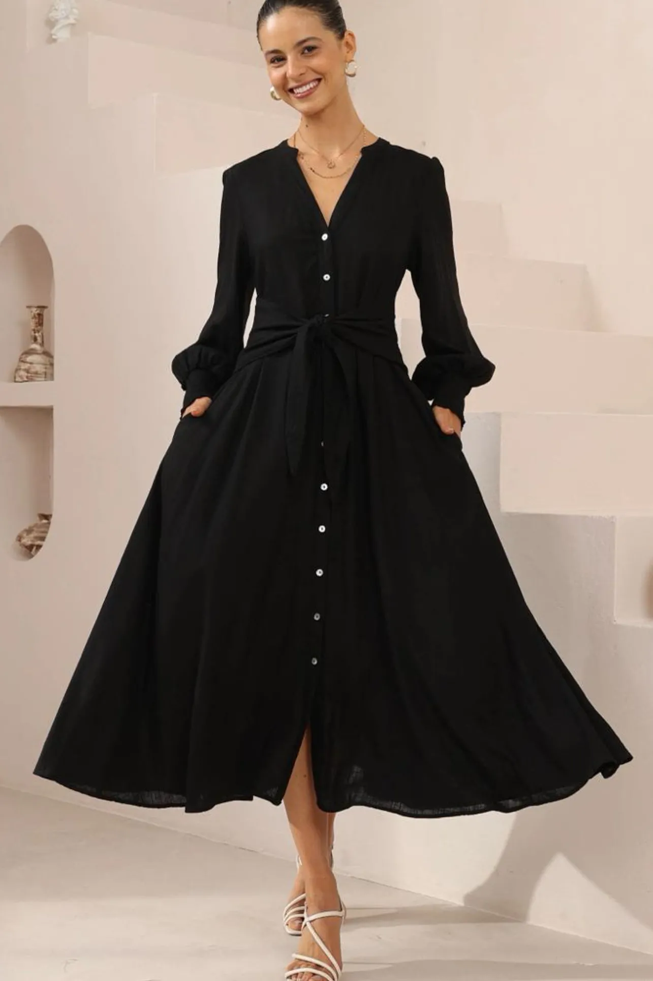 Anne Midi Dress - Mandarin Collar Waist Tie Detailed A Line Dress in Black>Salty Crush Hot