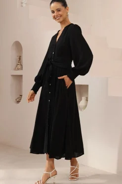 Anne Midi Dress - Mandarin Collar Waist Tie Detailed A Line Dress in Black><noscript><img width=