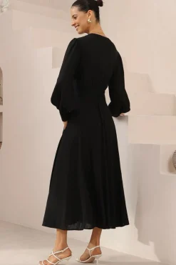 Anne Midi Dress - Mandarin Collar Waist Tie Detailed A Line Dress in Black><noscript><img width=