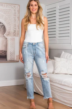 Annie Boyfriend Jeans - Distressed Mid Rise Boyfriend Jeans in Light Denim>Salty Crush Outlet