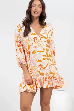 Annika Mini Dress - V-Neck Empire Line Dress with Balloon Sleeves in Sealy Print><noscript><img width=