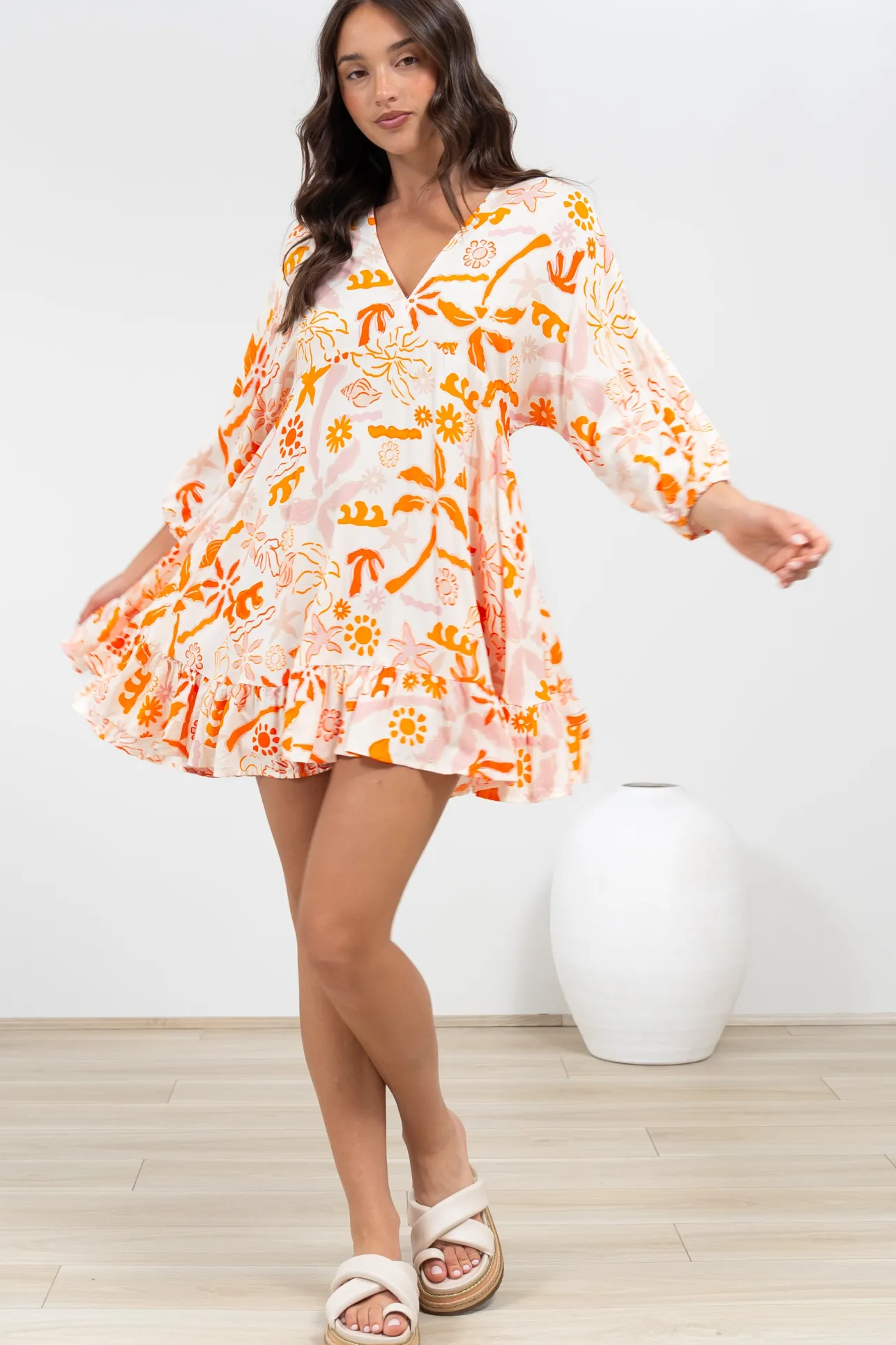 Annika Mini Dress - V-Neck Empire Line Dress with Balloon Sleeves in Sealy Print>Salty Crush Discount