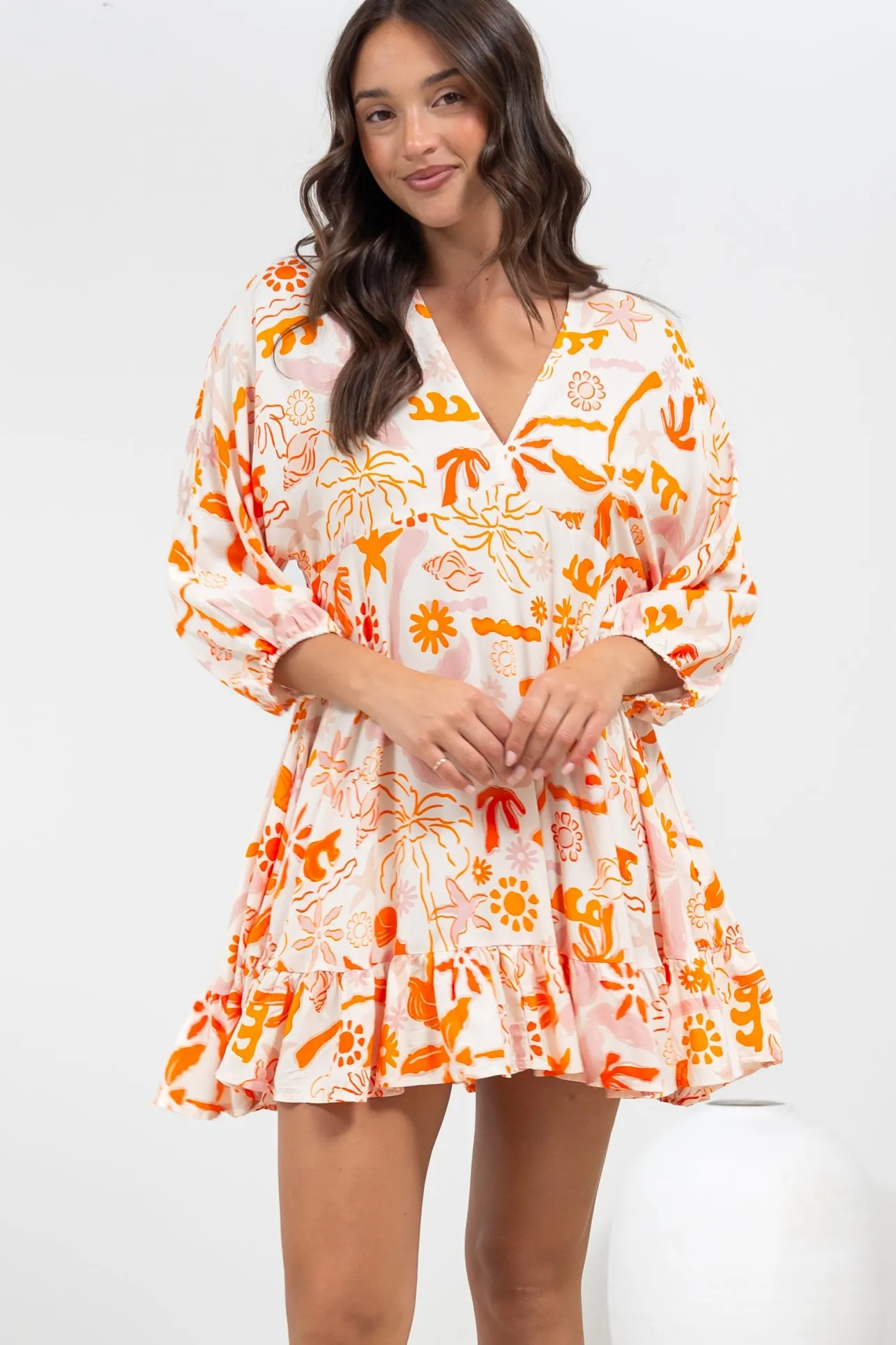 Annika Mini Dress - V-Neck Empire Line Dress with Balloon Sleeves in Sealy Print>Salty Crush Discount