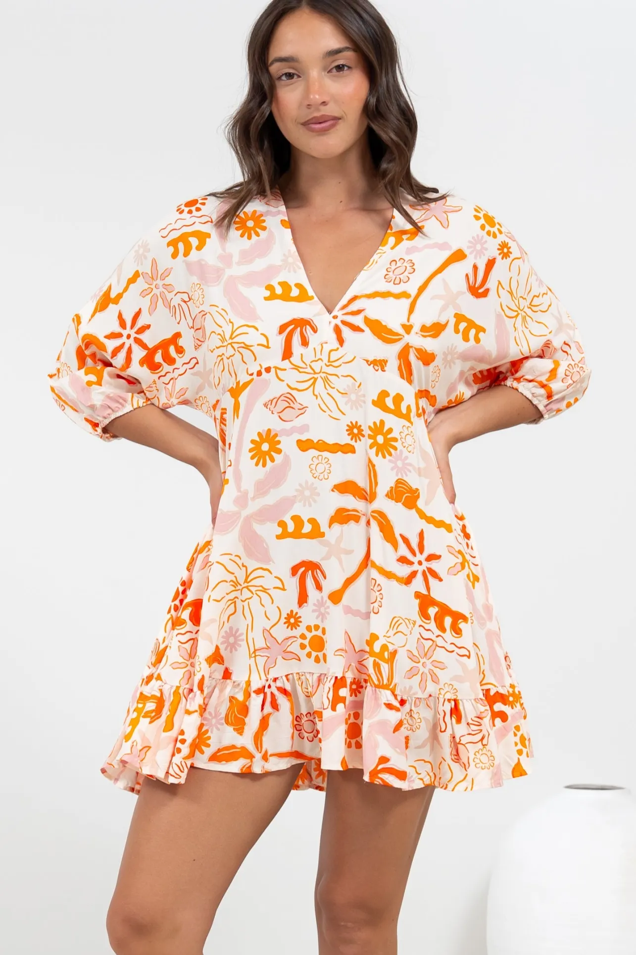 Annika Mini Dress - V-Neck Empire Line Dress with Balloon Sleeves in Sealy Print>Salty Crush Discount