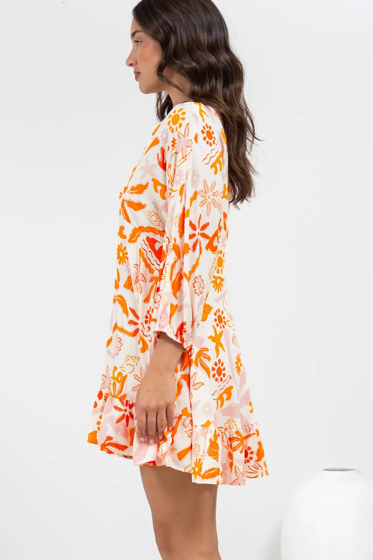 Annika Mini Dress - V-Neck Empire Line Dress with Balloon Sleeves in Sealy Print>Salty Crush Discount