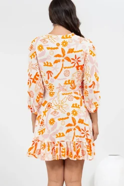 Annika Mini Dress - V-Neck Empire Line Dress with Balloon Sleeves in Sealy Print><noscript><img width=