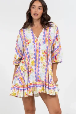 Annika Mini Dress - V-Neck Empire Line Dress with Balloon Sleeves in Wavey Print>Salty Crush Outlet