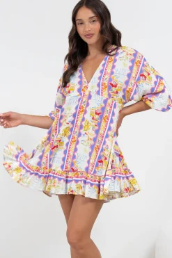 Annika Mini Dress - V-Neck Empire Line Dress with Balloon Sleeves in Wavey Print><noscript><img width=