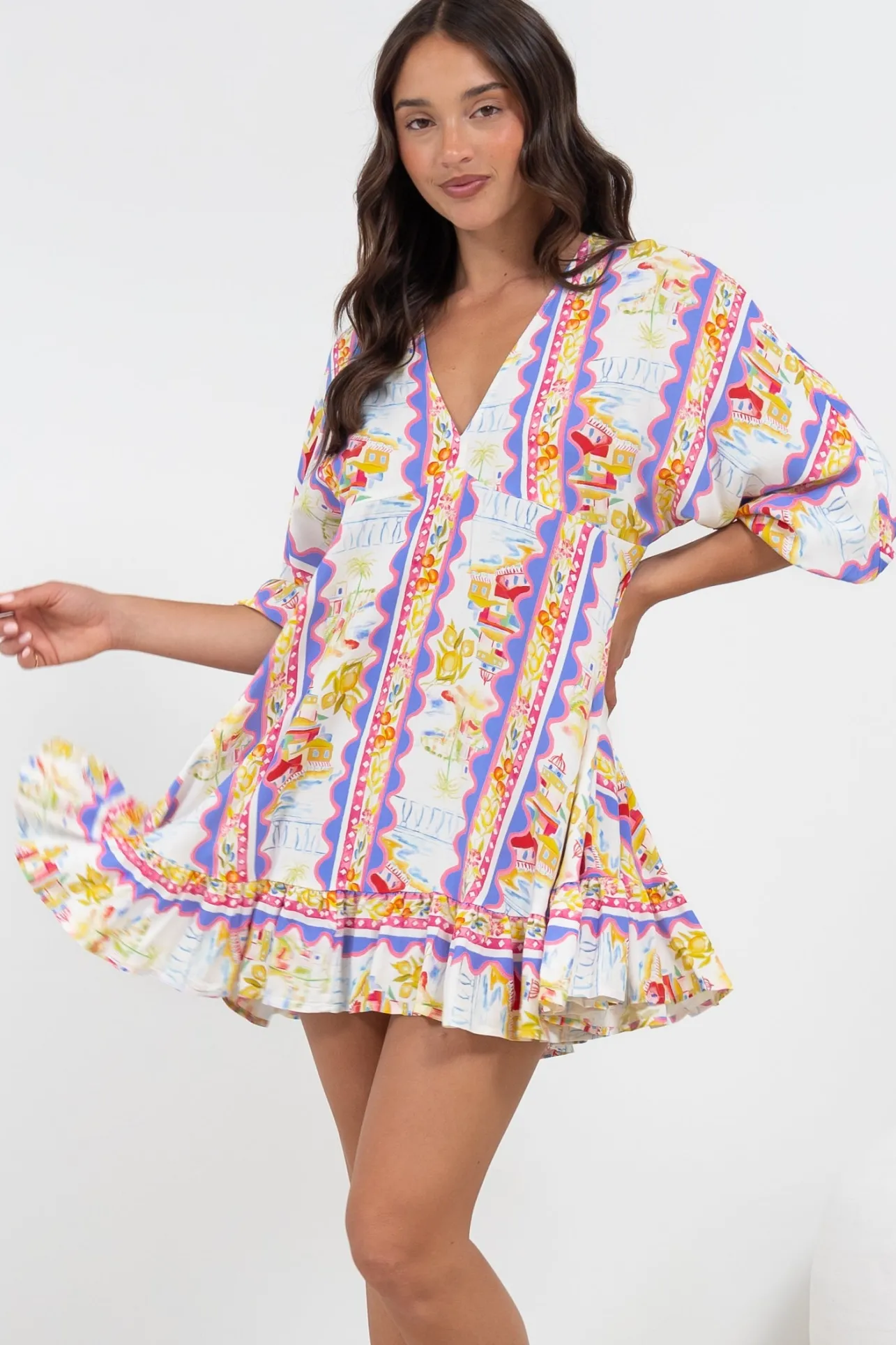 Annika Mini Dress - V-Neck Empire Line Dress with Balloon Sleeves in Wavey Print>Salty Crush Outlet