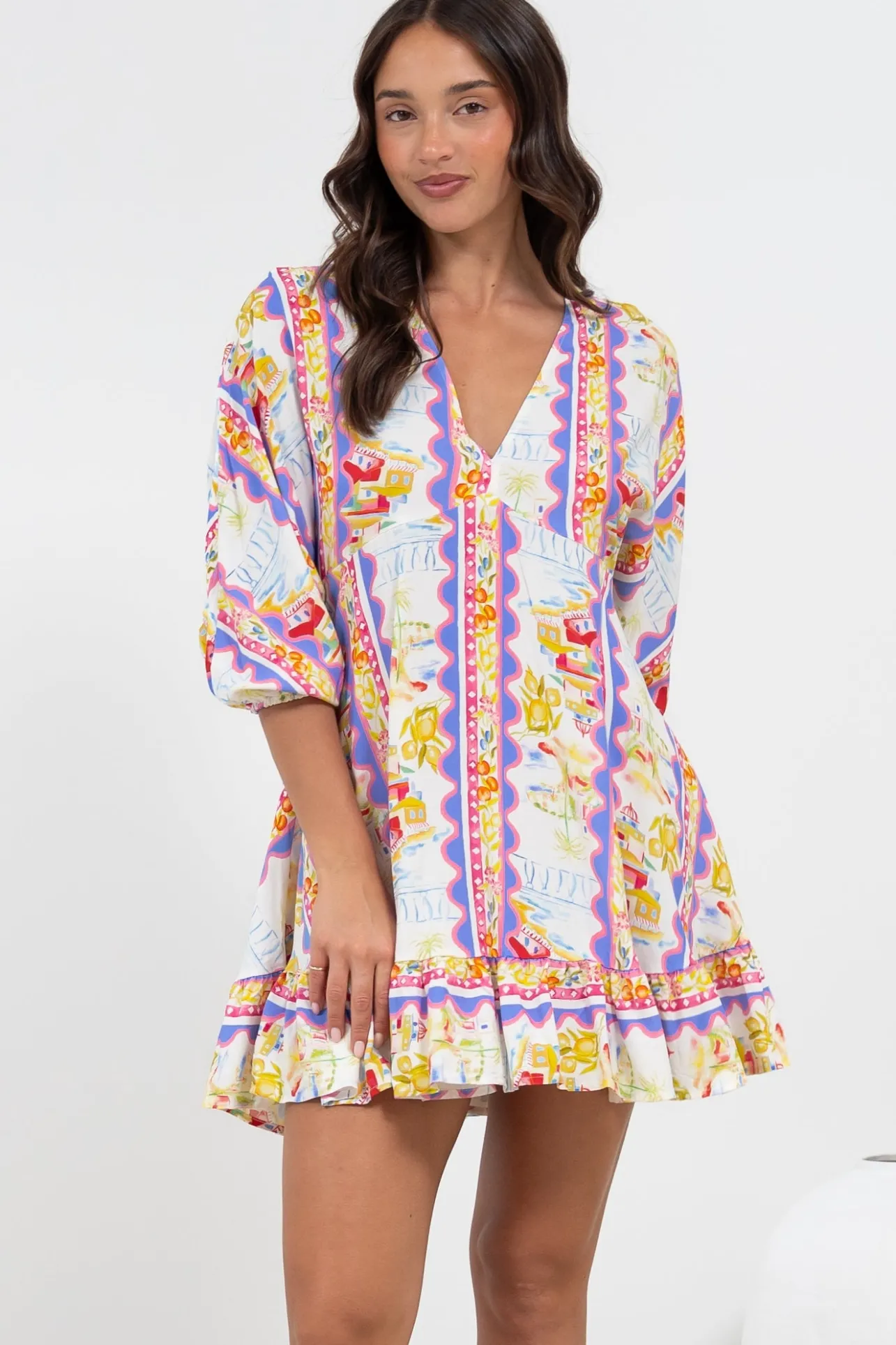 Annika Mini Dress - V-Neck Empire Line Dress with Balloon Sleeves in Wavey Print>Salty Crush Outlet