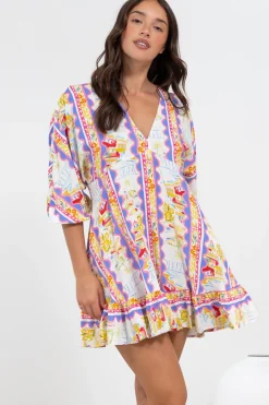 Annika Mini Dress - V-Neck Empire Line Dress with Balloon Sleeves in Wavey Print><noscript><img width=