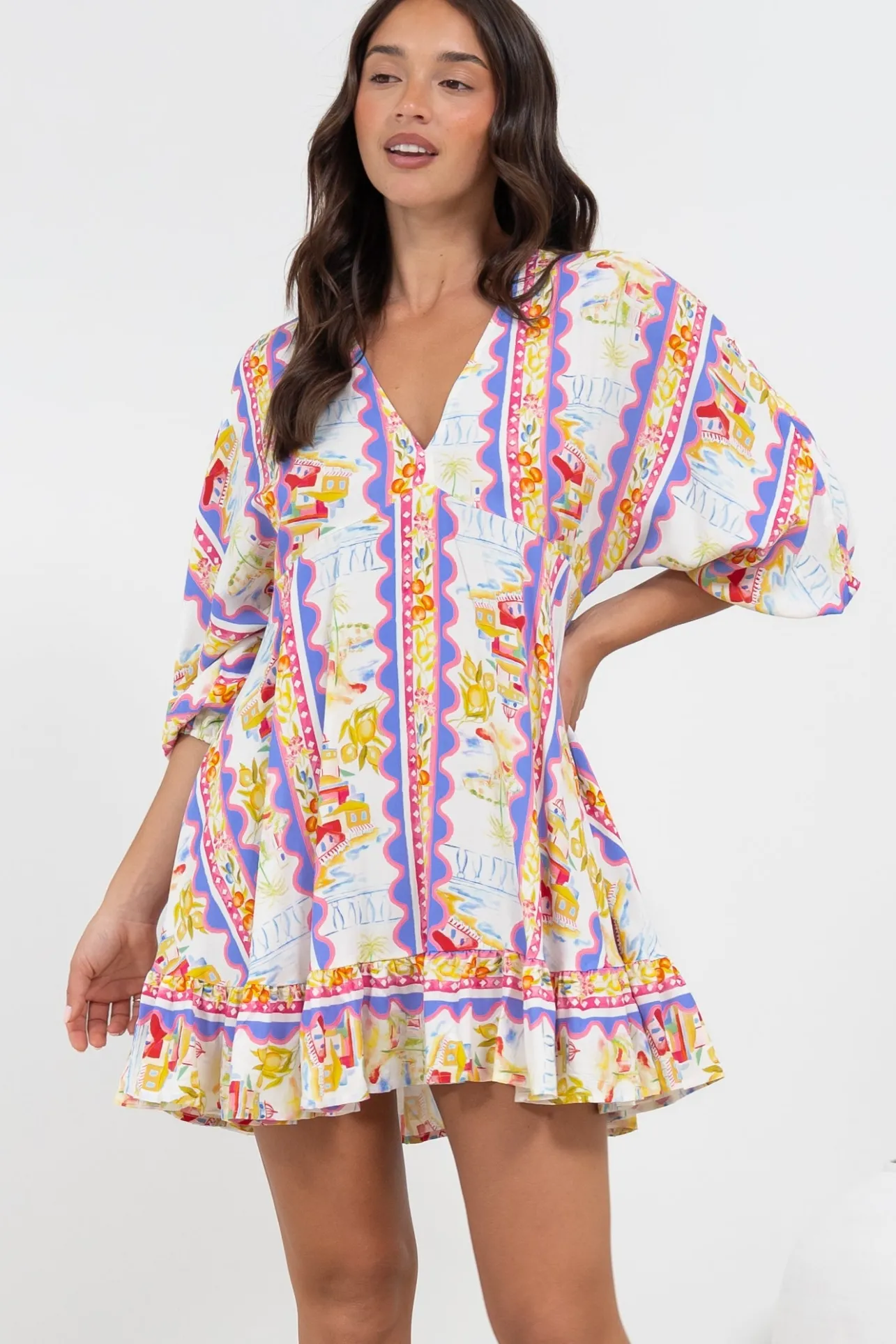 Annika Mini Dress - V-Neck Empire Line Dress with Balloon Sleeves in Wavey Print>Salty Crush Outlet