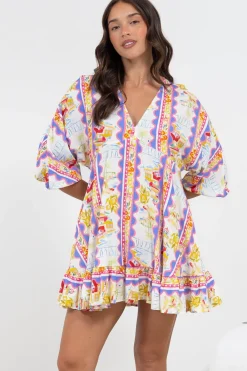 Annika Mini Dress - V-Neck Empire Line Dress with Balloon Sleeves in Wavey Print><noscript><img width=