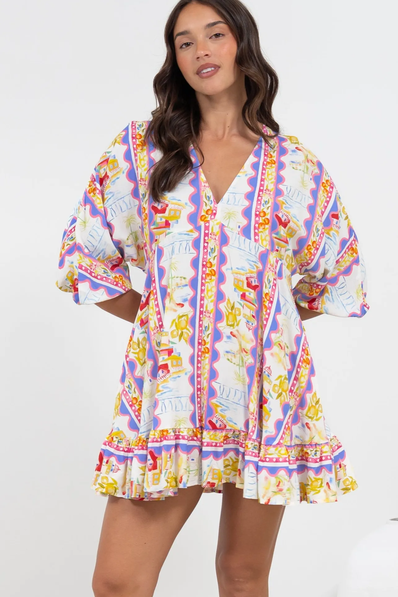 Annika Mini Dress - V-Neck Empire Line Dress with Balloon Sleeves in Wavey Print>Salty Crush Outlet