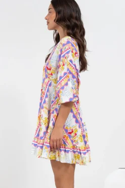 Annika Mini Dress - V-Neck Empire Line Dress with Balloon Sleeves in Wavey Print><noscript><img width=