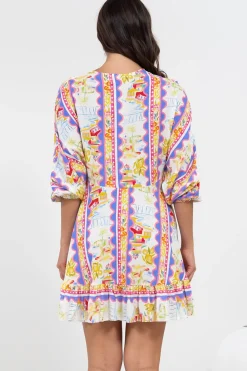 Annika Mini Dress - V-Neck Empire Line Dress with Balloon Sleeves in Wavey Print><noscript><img width=