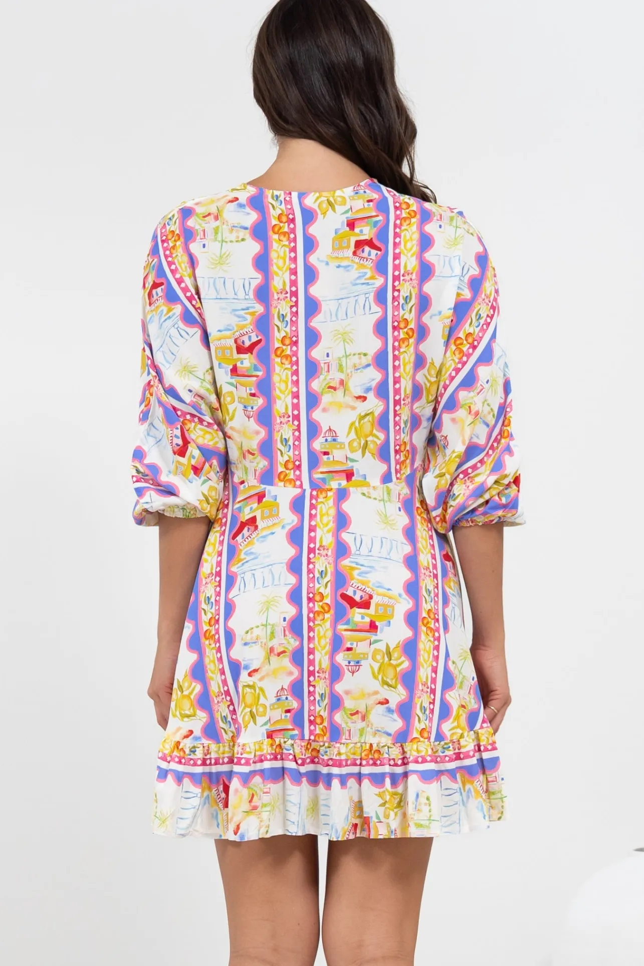 Annika Mini Dress - V-Neck Empire Line Dress with Balloon Sleeves in Wavey Print>Salty Crush Outlet