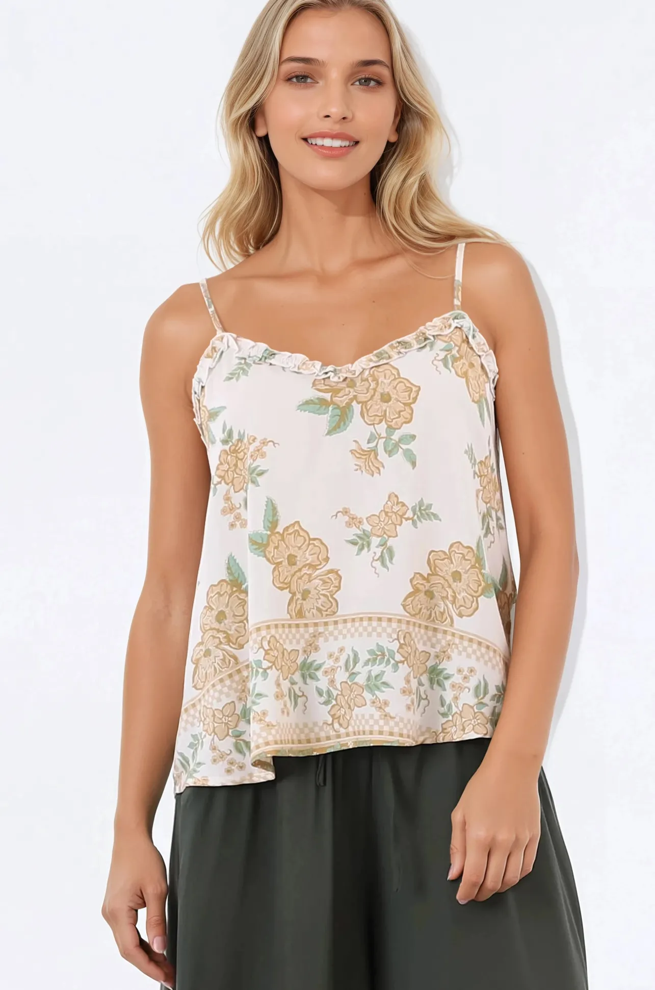 Annika Top - Soft V Neckline Adjustable Strap Cami in Gisella Print>Salty Crush New
