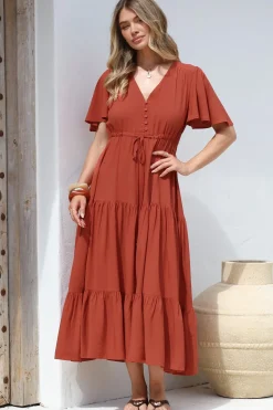 Anya Maxi Dress - Flutter Cap Sleeve Pull Tie Waist Dress in Rust>Salty Crush Best
