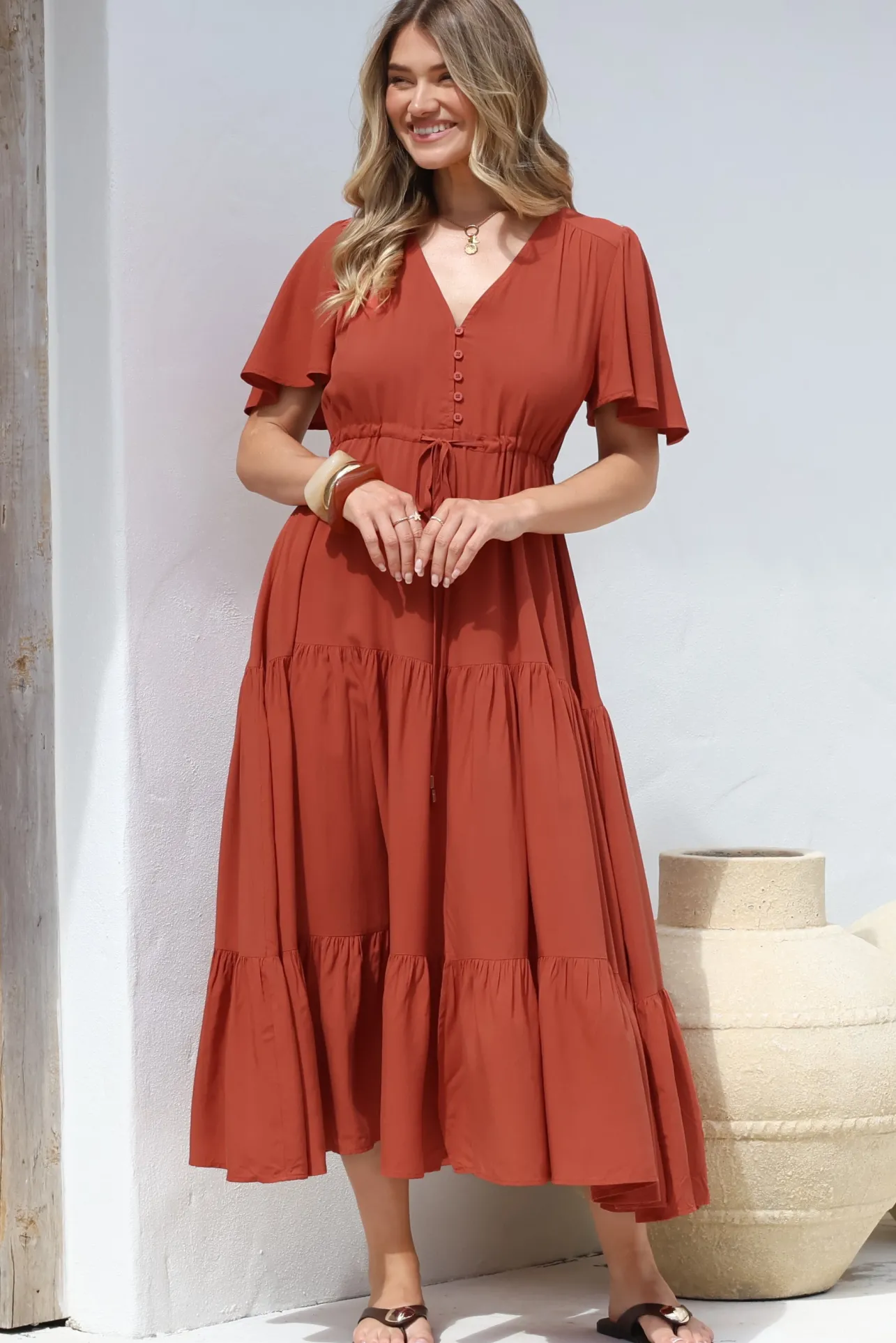 Anya Maxi Dress - Flutter Cap Sleeve Pull Tie Waist Dress in Rust>Salty Crush Best